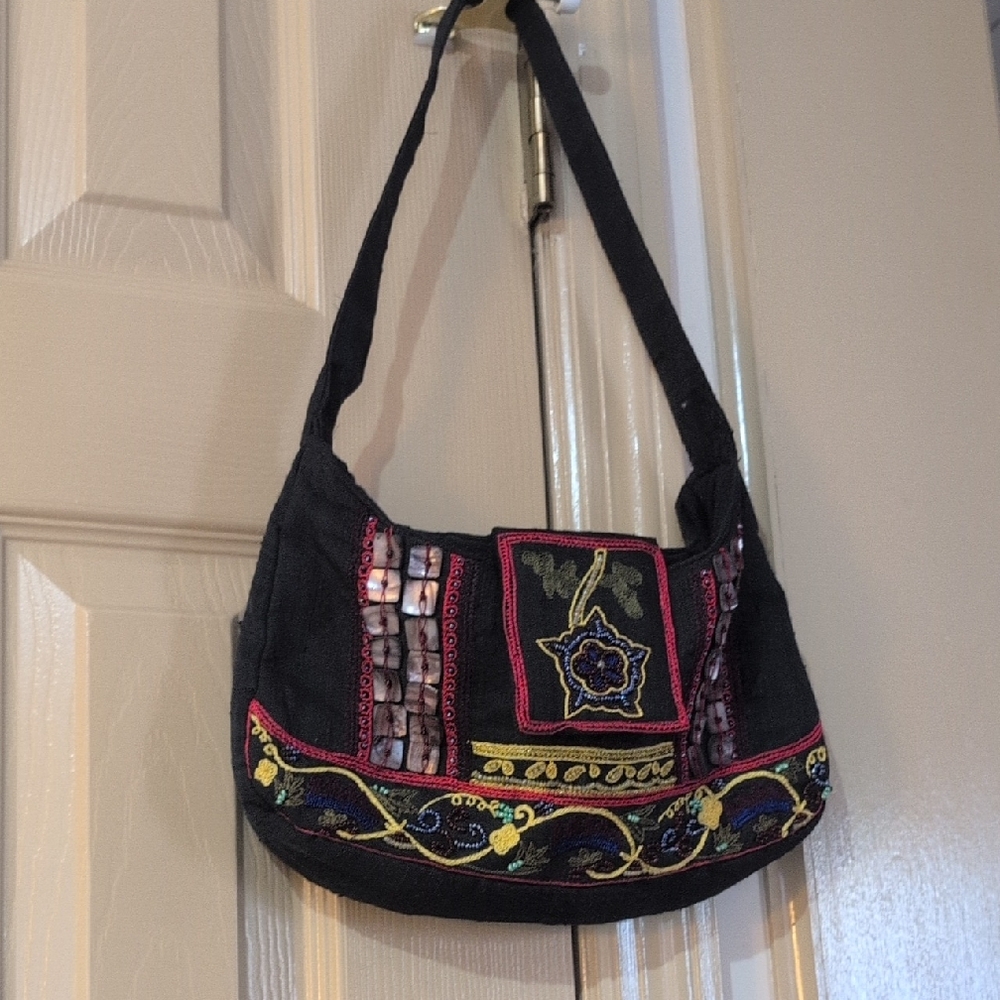 Elegant Black Embroidered Shoulder Bag